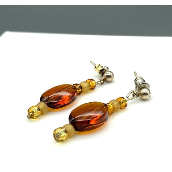 Vintage Brown Glass Dangle Earrings, Chic and Simple Studs - Picture 2 of 5